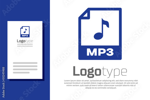 Blue MP3 file document. Download mp3 button icon isolated on white background. Mp3 music format sign. MP3 file symbol. Logo design template element. Vector Illustration photo