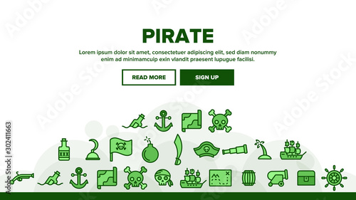 Pirate Things Landing Web Page Header Banner Template Vector. Pirate Triangle Hat And Sabre, Skull With Bandanna And Bones Illustration