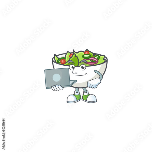 Salad in the a bowl with bring laptop mascot