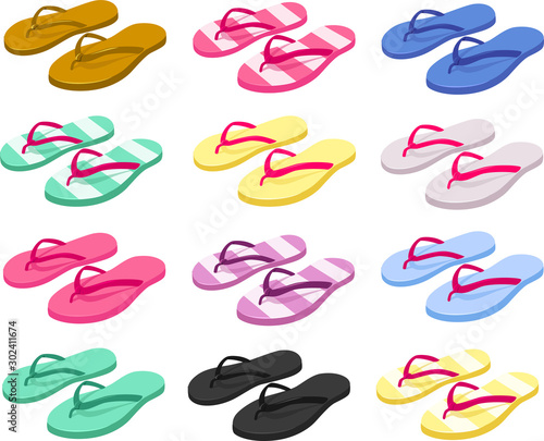Vector illustration of various kinds of colorful summer flip flop sandals photo