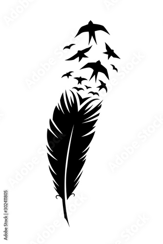 Print art concept colorful design tattoo black feather flying birds swallows silhouette. Vector illustration fly magical pen writer writing