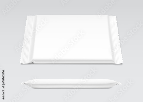 Blank flow pack on grey background. Realistick vector illustration. Template ready for your desing. It can be use for presentation packaging, promo, adv and etc. EPS10.