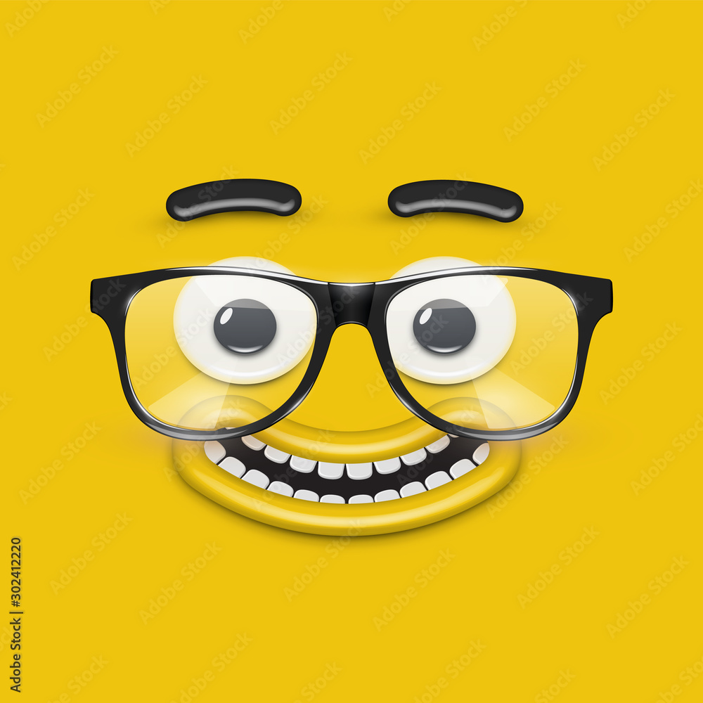 Cute emoticon face with eyeglasses on yellow background, vector illustration Cute emoticon face with eyeglasses on yellow background, vector illustration