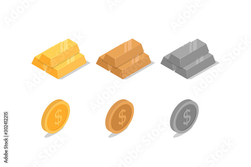 Gold bars and coins set. Isometric vector illustration 