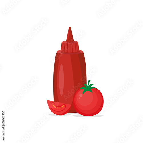 Set of ketchup with sliced and fresh tomato. Red sauce