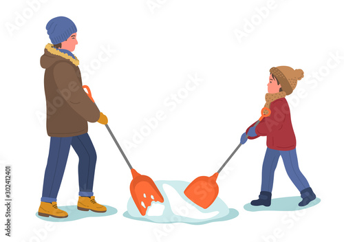 Father with child shoveling snow. Man with boy in warm clothes cleaning snow outdoors in winter on white background.