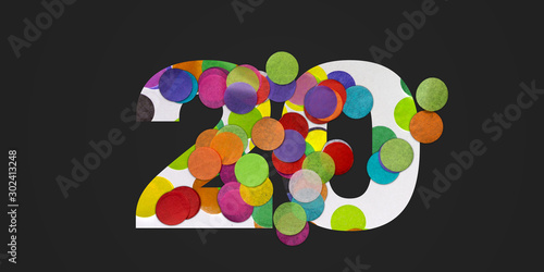 20 number twenty, graphic colorful digit and creative typography with many colourful wheels, confetti on black background.