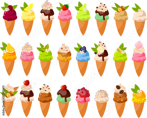 Vector illustration of various kinds of cute colorful ice creams in sugarcones and toppings