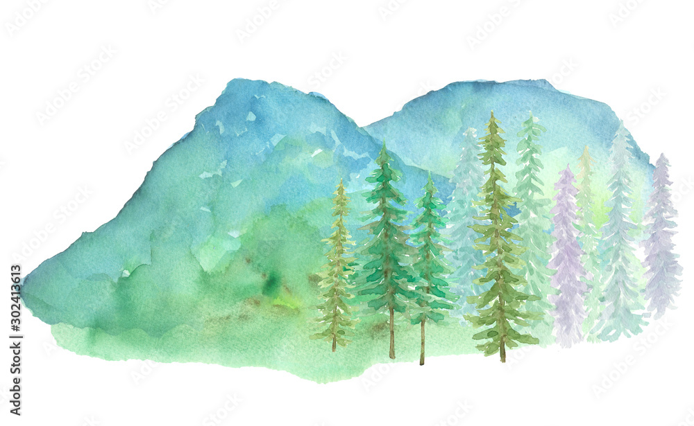 Mountain and pine trees landscape hand drawn watercolor painting ...