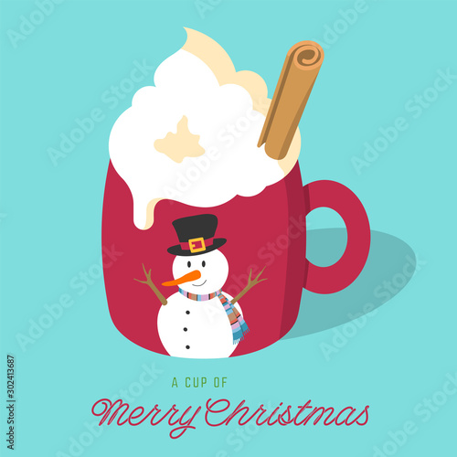 Vector illustration of Christmas eggnog latte drink with whipped cream and cinnamon stick in a red mug with snowman and A Cup of Merry Christmas handwritten style text on light blue background.