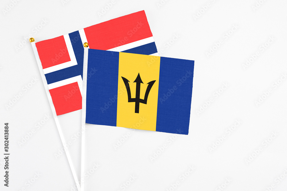 Barbados and Bouvet Islands stick flags on white background. High quality fabric, miniature national flag. Peaceful global concept.White floor for copy space. Barbados and Bouvet Islands stick flags on white background. High quality fabric, miniature national flag. Peaceful global concept.White floor for copy space.