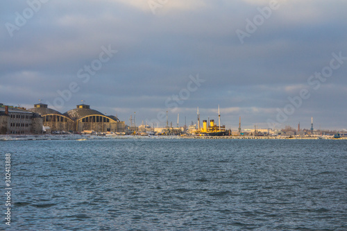 View of the abandoned Battery Prison and The Seaplane Harbour in Tallinn in winter. Estonia