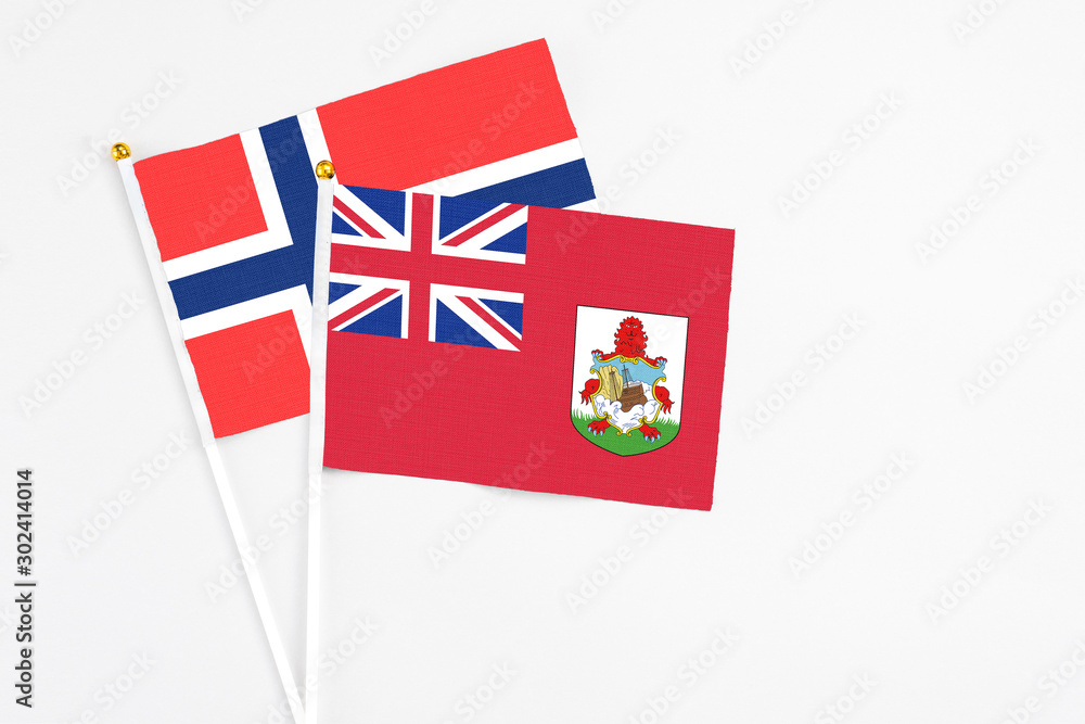 Fototapeta premium Bermuda and Bouvet Islands stick flags on white background. High quality fabric, miniature national flag. Peaceful global concept.White floor for copy space.