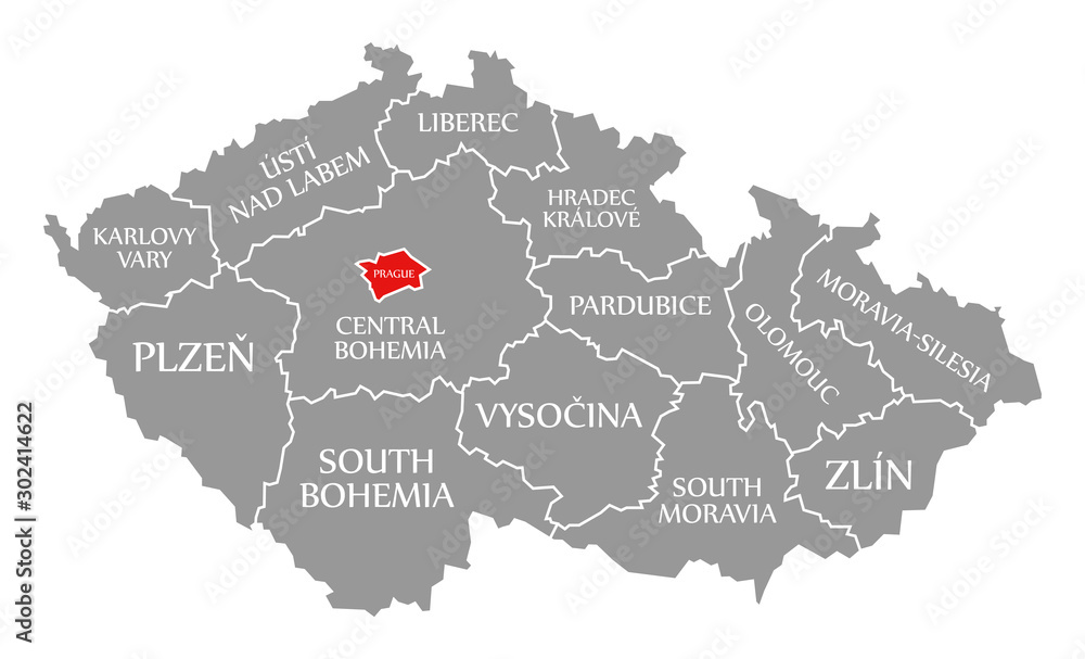 Prague red highlighted in map of Czech Republic