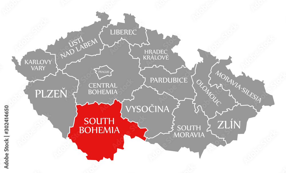 South Bohemia red highlighted in map of Czech Republic