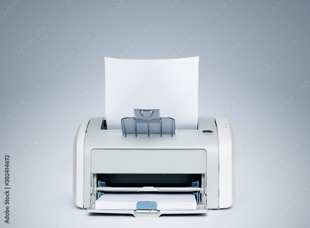 Laser printer with paper front view, on a light blue background. File contains a path to isolation. Laser printer with paper front view, on a light blue background. File contains a path to isolation.