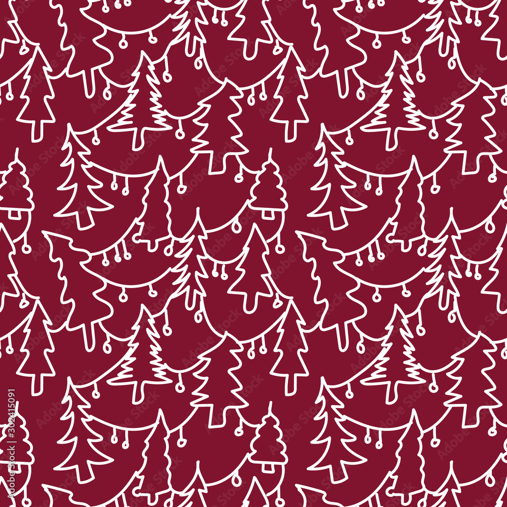 new year seamless pattern of chritmas tree and garland in doodle hand drawn line style