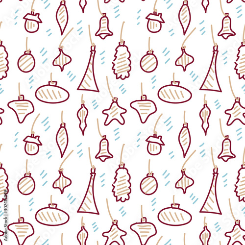 Christmas decorations and christmas toys seamless new year pattern in hand drawn doodle style vector illustration