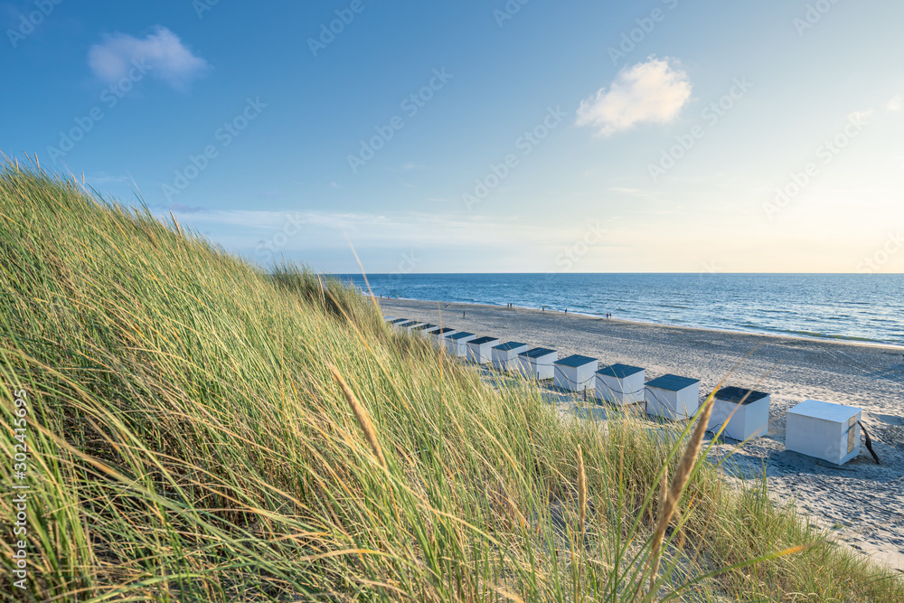 Beach View With Beach Cabins And High Dunes With Grass At Texel Netherlands