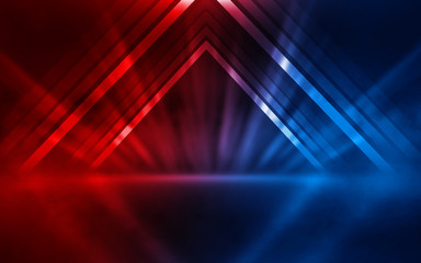 Empty show scene background. Reflection of a dark street on wet asphalt. Rays of red and blue neon light in the dark, neon shapes, smoke. Abstract dark background.