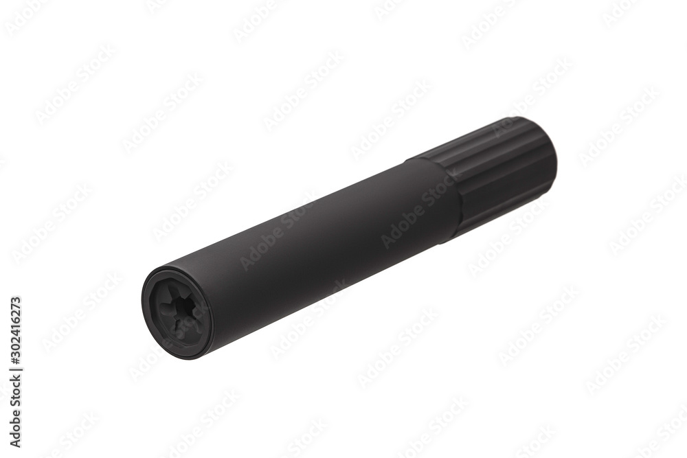 Black silencer for weapons. Suppressor that is at the end of an assault rifle. Black silencer for weapons. Suppressor that is at the end of an assault rifle.