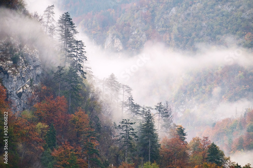 Landscape of misty autumn mountain hills in Slovenia