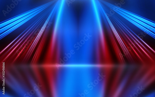 Empty show scene background. Reflection of a dark street on wet asphalt. Rays of red and blue neon light in the dark  neon shapes  smoke. Abstract dark background.
