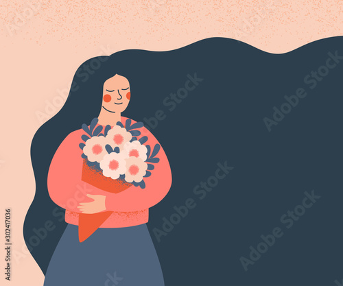 Dreamy woman holding a bouquet of flowers. Concept for the  Mother's day, Valentine's day, March 8 women's day. Cute girl with flowing hair (place for text)