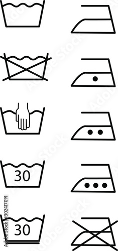 Laundry and ironing instructiong.  Water temperature. Vector symbols. Machine wash flat