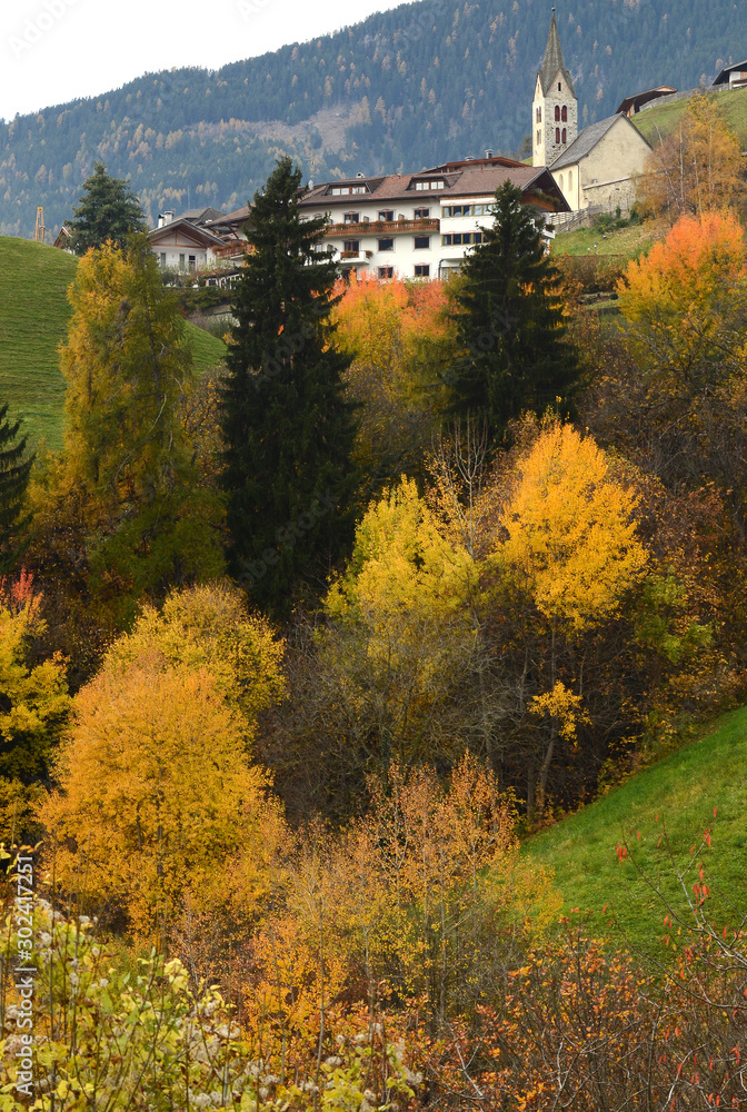 Beautiful view of Villandro in Autumn season. Bolzano, Italy.