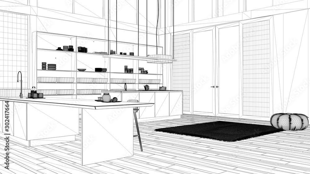 Blueprint project draft, modern kitchen with double island, stools, carpet and accessories, parquet, corrugated sheet roof, panoramic windows, minimalist interior design