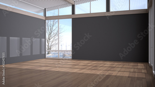 Empty room interior design, open space with big panoramic windows on winter view with snow, parquet wooden floor, corrugated sheet roof, modern minimal architecture idea, copy space photo