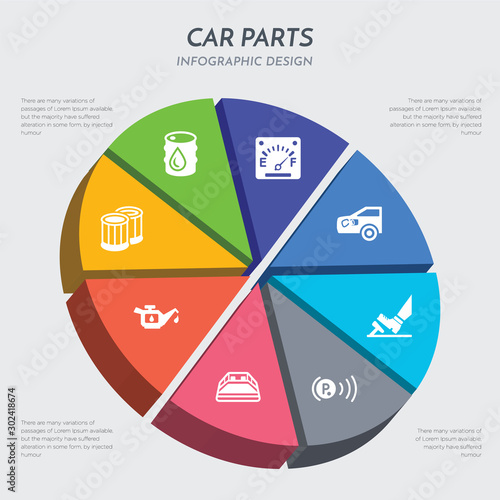 car parts concept 3d chart infographics design included car oil filter, car oil pump, parcel shelf, parking light, pedal, petrol cap, petrol gauge, petrol tank icons