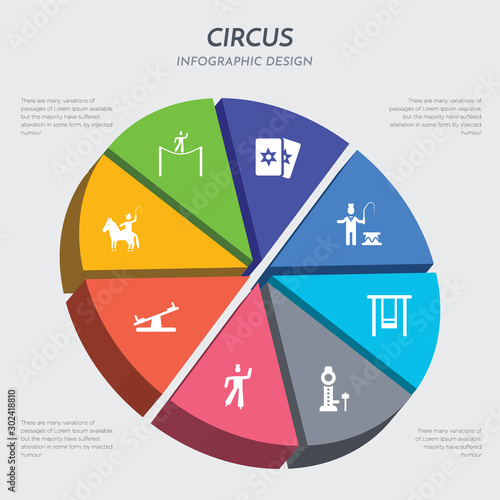circus concept 3d chart infographics design included rodeo, seesaw, stilt walker, strength tester, swings, tamer, tarot, tightrope walker icons