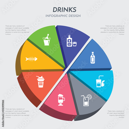 drinks concept 3d chart infographics design included fish skeleton, frappe, frappuccino, fresh soda with lemon slice and straw, fruit juice, gin, herbal liquor, ice bucket and bottle icons