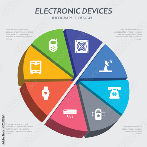 electronic devices concept 3d chart infographics design included 3d printer, activity tracker, air conditioner, air purifier, answering machine, antenna, asic miner, baby monitor icons