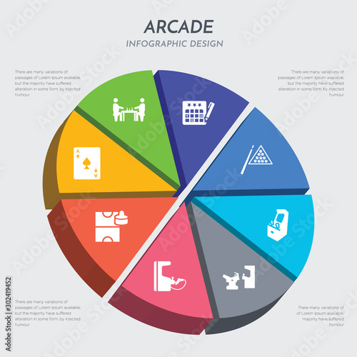 arcade concept 3d chart infographics design included ace of spades, air hockey, arcade, arcade game, machine, billiards, bingo, board games icons