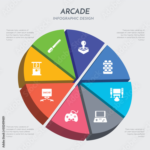 arcade concept 3d chart infographics design included game machine, game over, gamepad, handheld game, home theater, jenga, joystick, lightsaber icons