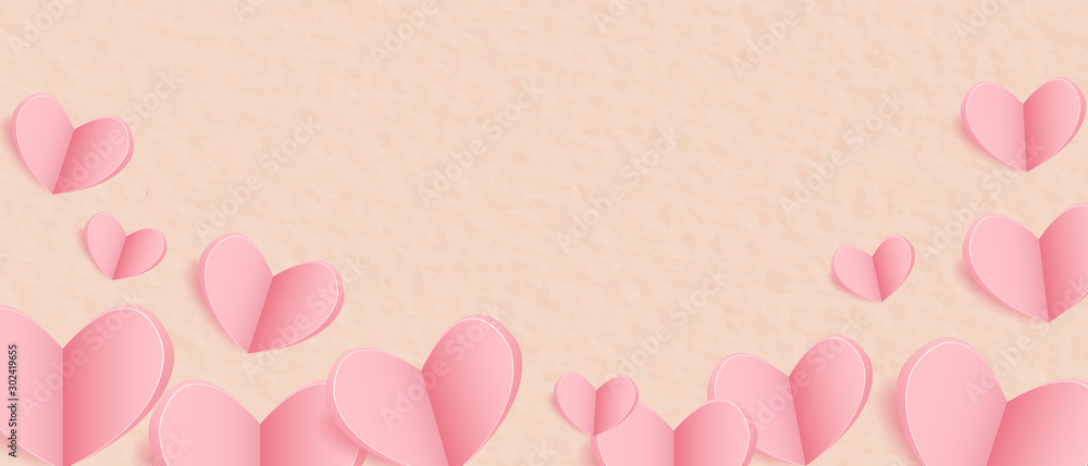 Valentine's background. Papercut design with pink paper hearts. Space for text.
