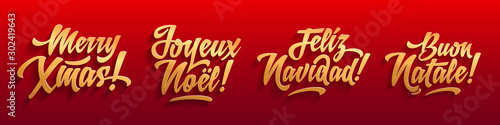 Vector Merry Christmas card golden logo template set with greetings in spanish, english, french and italian languages. Buon natale. Feliz navidad. Joyeux noel. Merry xmas.