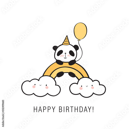 Happy Birthday card. Hand drawn panda with a balloon on a rainbow and clouds. Vector illustration.
