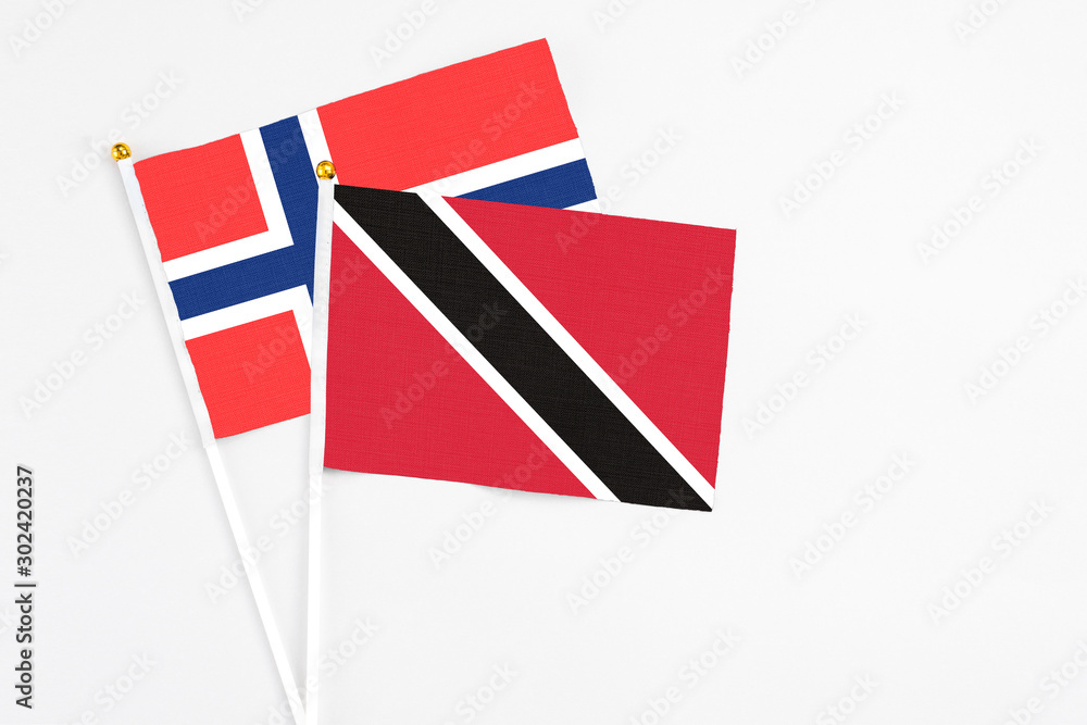 Trinidad And Tobago and Bouvet Islands stick flags on white background. High quality fabric, miniature national flag. Peaceful global concept.White floor for copy space. Trinidad And Tobago and Bouvet Islands stick flags on white background. High quality fabric, miniature national flag. Peaceful global concept.White floor for copy space.