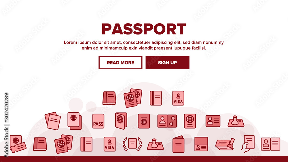 Passport Landing Web Page Header Banner Template Vector. Legal Document With Stamp, Certificate, Official License And Passport Illustration