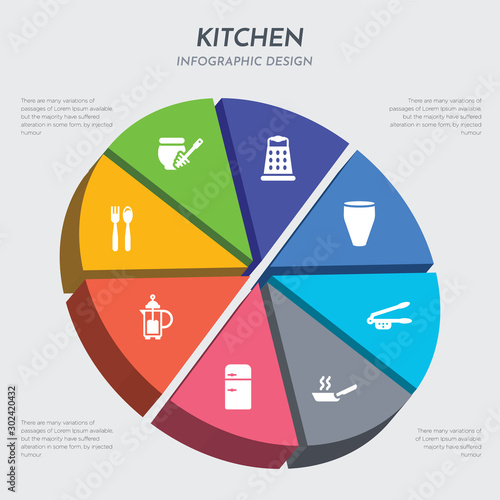 kitchen concept 3d chart infographics design included fork, french press, fridge, frying pan, garlic press, glass, grater, honey dipper icons
