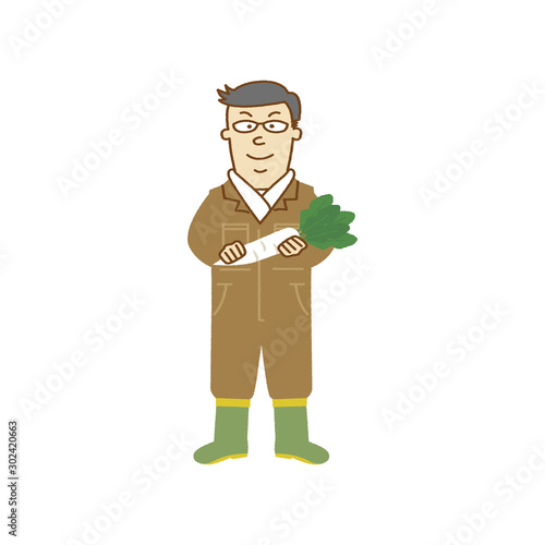 Farmer with vegetables and hen. Field with rural man near watermelon and pumpkin, village or countryside human, redneck or cartoon character, gardener person.