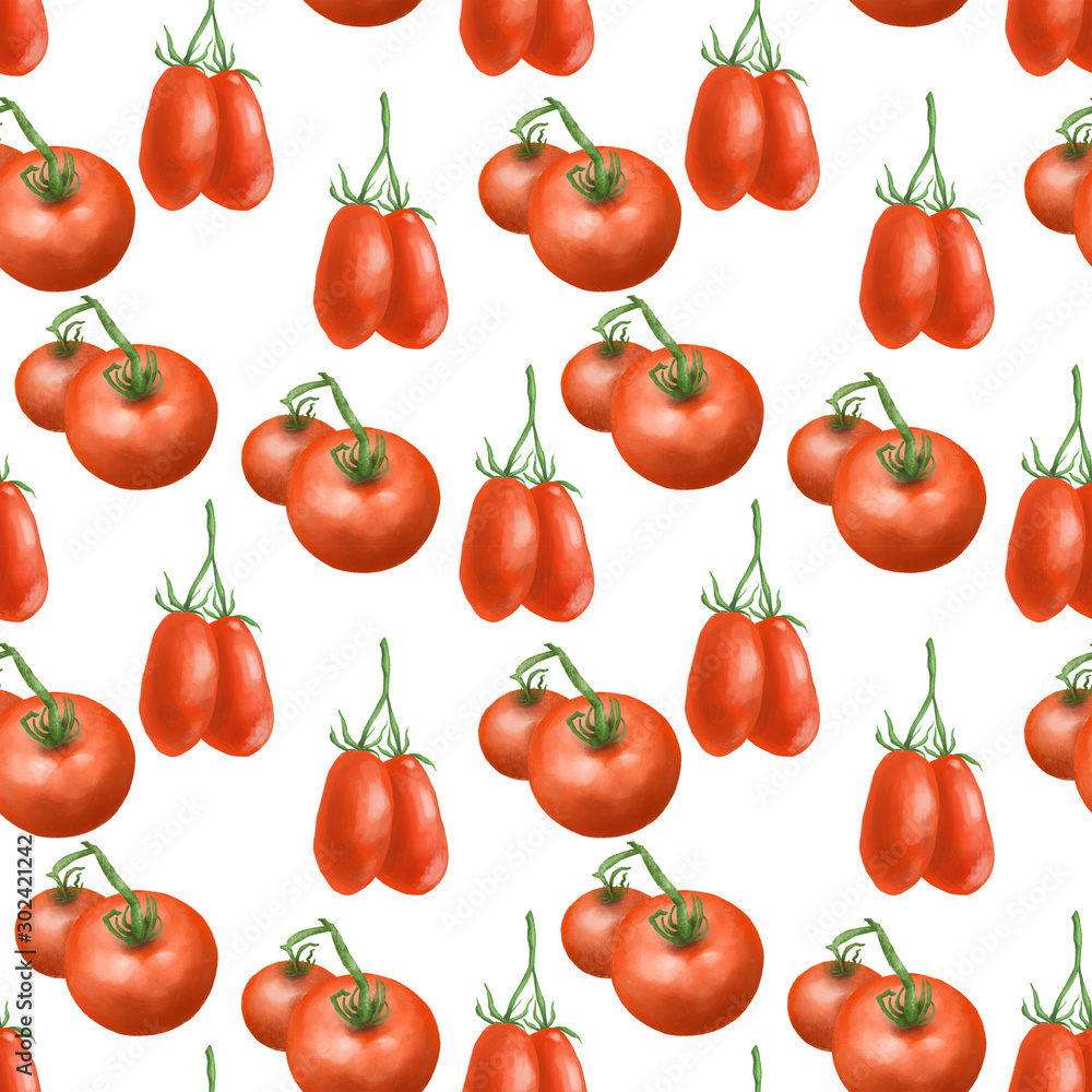Seamless pattern with red tomatos, hand drawn on a white background Seamless pattern with red tomatos, hand drawn on a white background