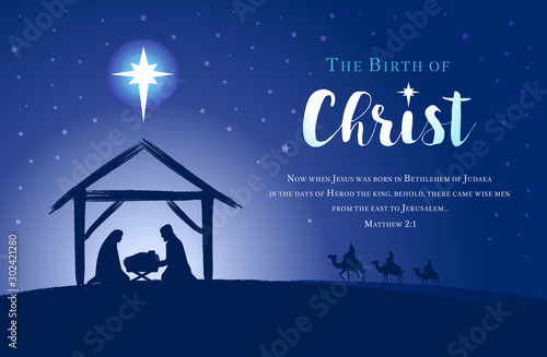 Fototapeta Christmas scene of baby Jesus in the manger with Mary and Joseph in silhouette, Bethlehem star and three kings on camels
