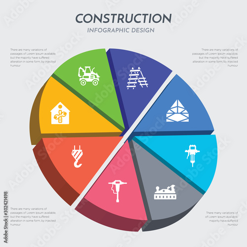 construction concept 3d chart infographics design included home repair, hook with cargo, hydraulic breaker, jack plane, jackhammer, joist, ladder, loader icons