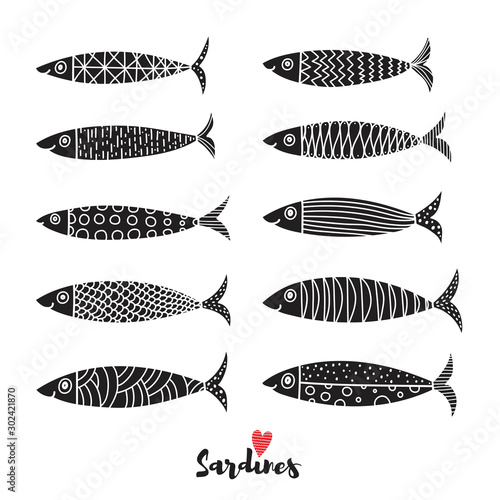 Cute vector set with sardine fish silhouettes.