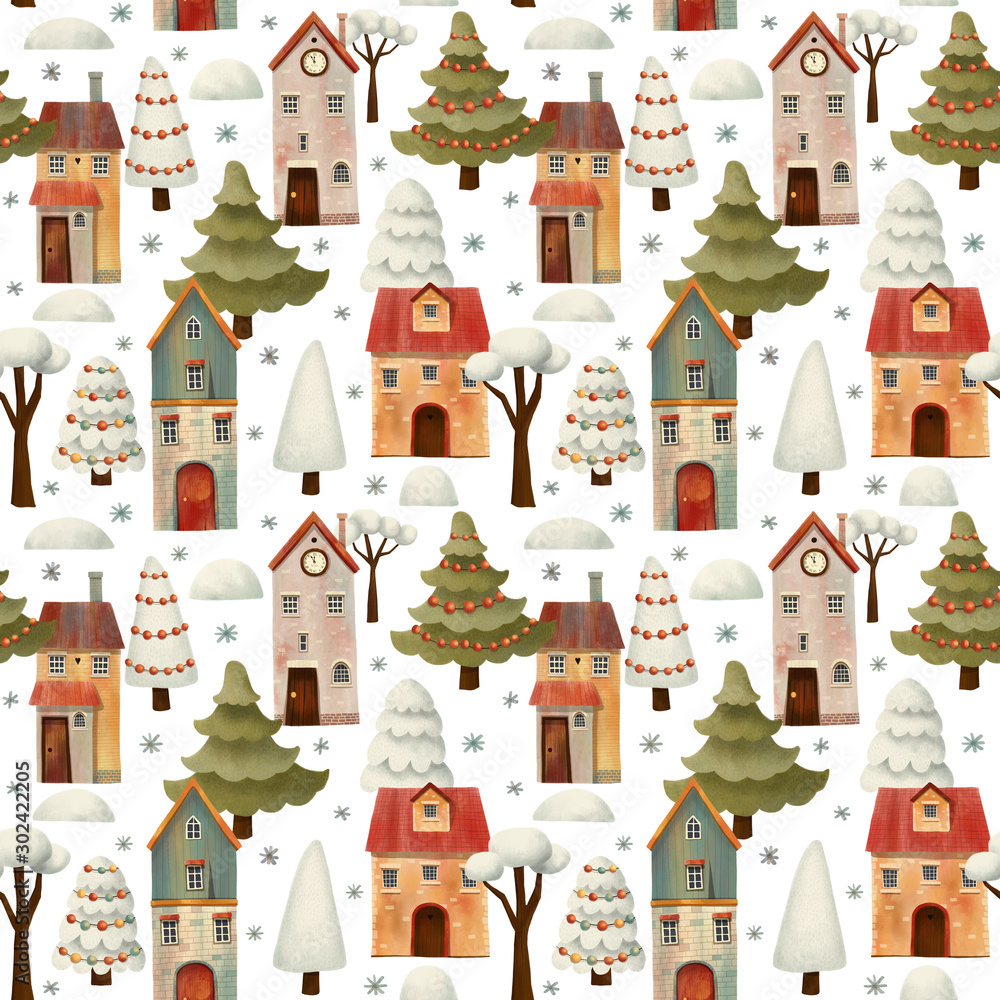 Christmas winter Seamless Pattern   with Houses, snowfall, trees, pine, snowflake. Hand drawn illustration.